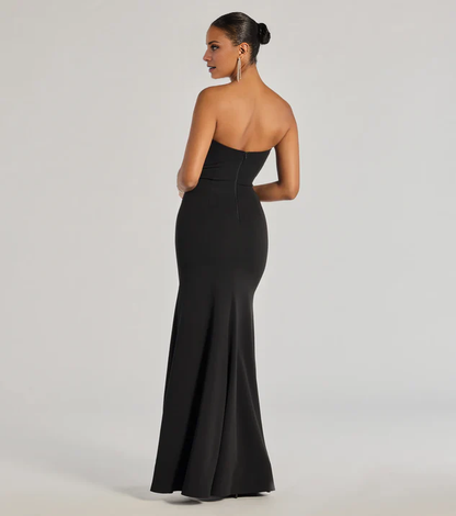 LD off shoulder collar sleeveless strapless backless side slit and floor length Prom dress