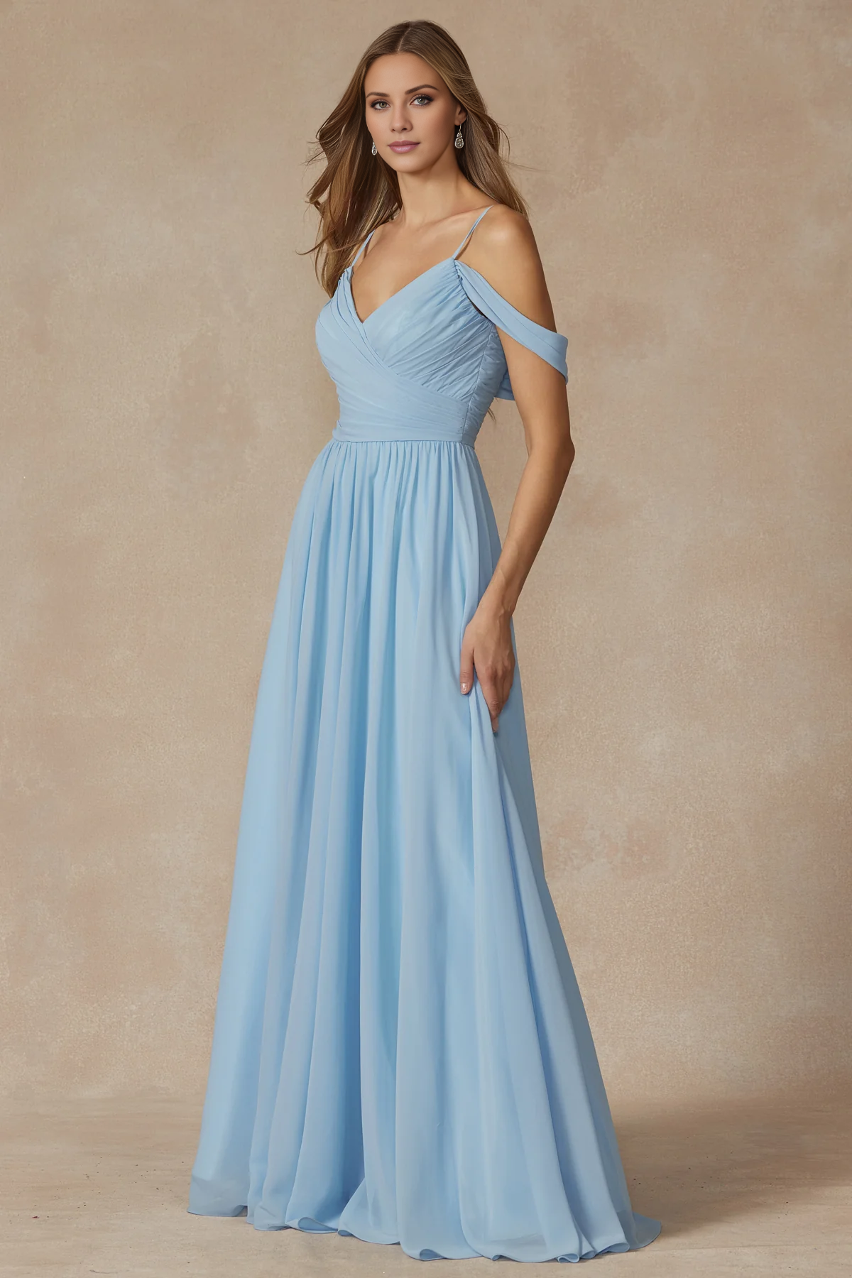 LD -- A-line off shoulder formal backless and floor length evening dress