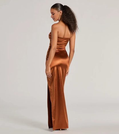 LD off shoulder collar sleeveless strapless backless side slit and floor length Prom dress