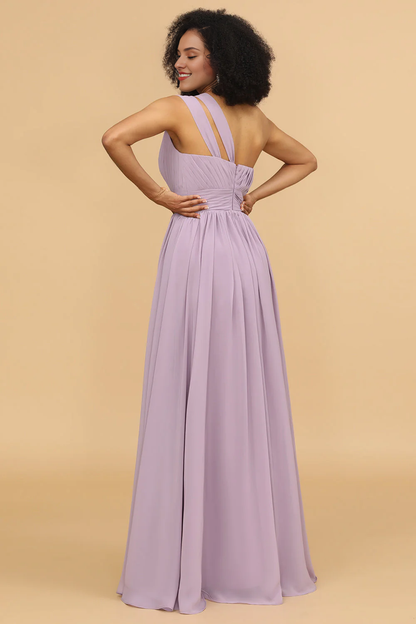 Light purple A-line shoulder long chiffon ruffled bridesmaid dress