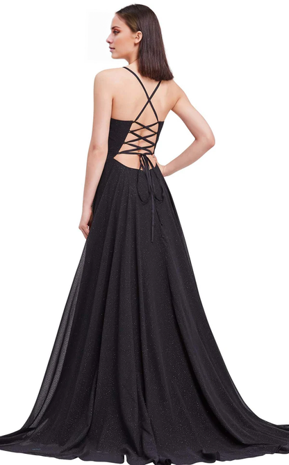 A-line deep V-neck tight corset and floor length evening gown