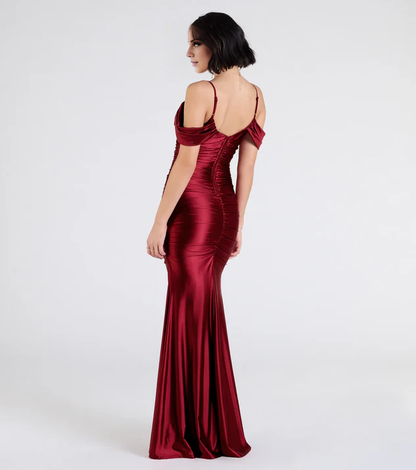 LD off shoulder collar sleeveless thin shoulder strap backless and floor length Prom dress