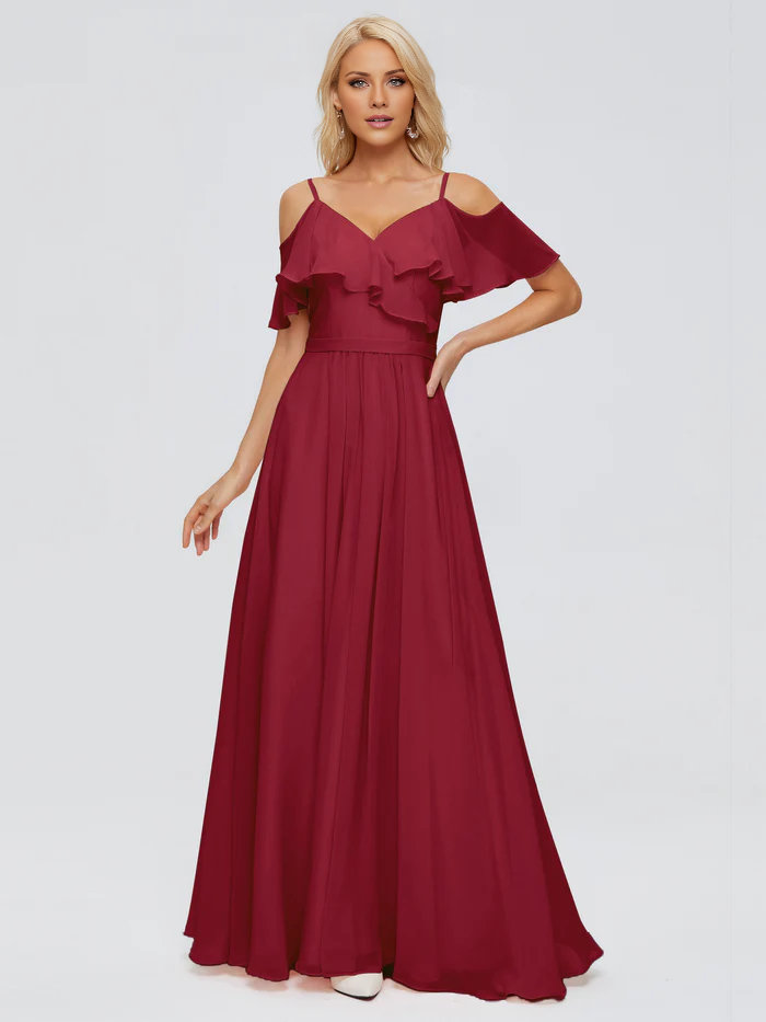 Off shoulder thin shoulder strap ruffled chiffon bridesmaid dress