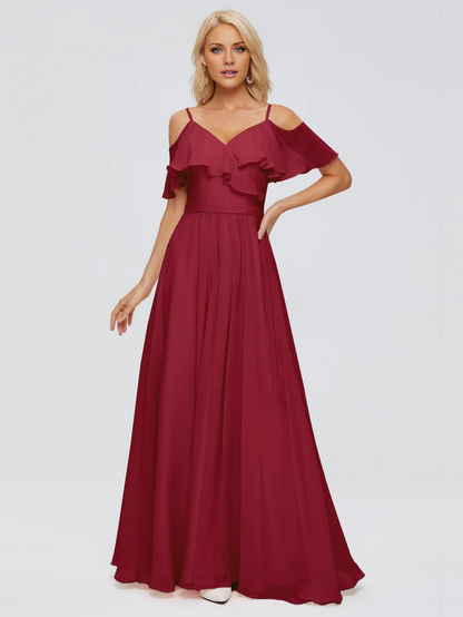 Off shoulder thin shoulder strap ruffled chiffon bridesmaid dress