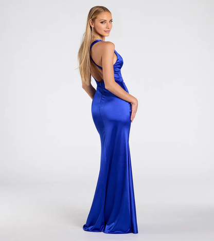 LD V collar off shoulder sleeveless backless side slit and floor length Prom dress