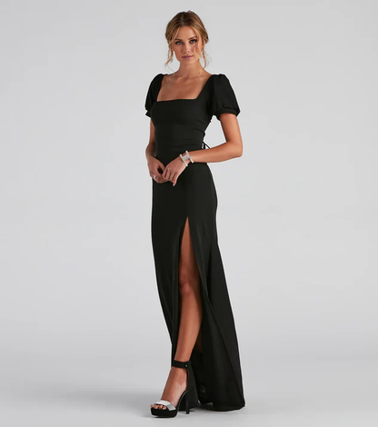 LD square neckline short sleeved backless side slit and floor length evening dress