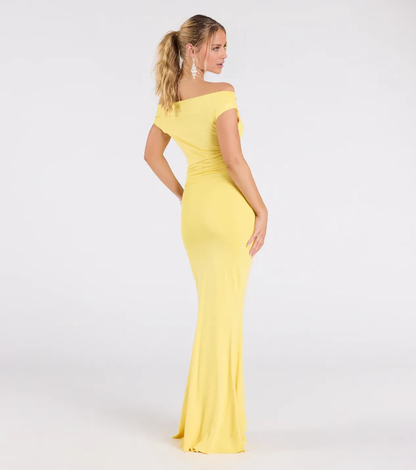 LD asymmetrical collar off shoulder sleeveless and floor length Prom dress