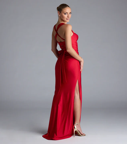 LD square neckline off shoulder sleeveless backless side slit and floor length Prom dress