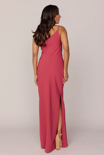 LD asymmetrical collar sleeveless backless slit and floor length Prom dress