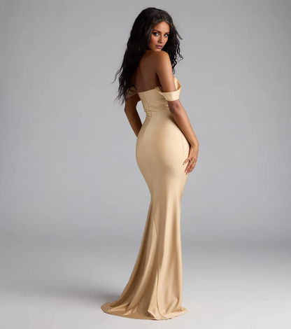 LD mermaid off shoulder collar sleeveless backless and floor length evening dress