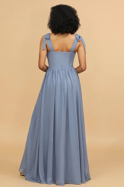 Grey blue A-line floor mopping chiffon slit bridesmaid dress