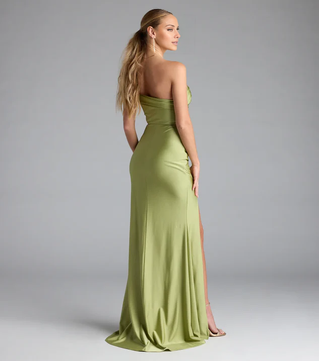 LD asymmetrical neckline off shoulder sleeveless backless side slit and floor length Prom dress