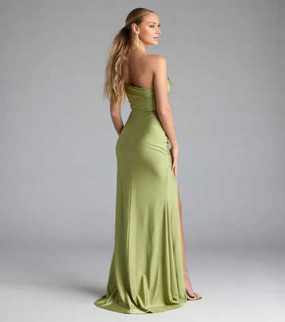 LD asymmetrical neckline off shoulder sleeveless backless side slit and floor length Prom dress