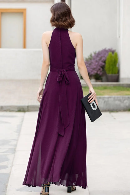 LD hanging neck collar sleeveless off shoulder pleated details backless and floor length Prom dress