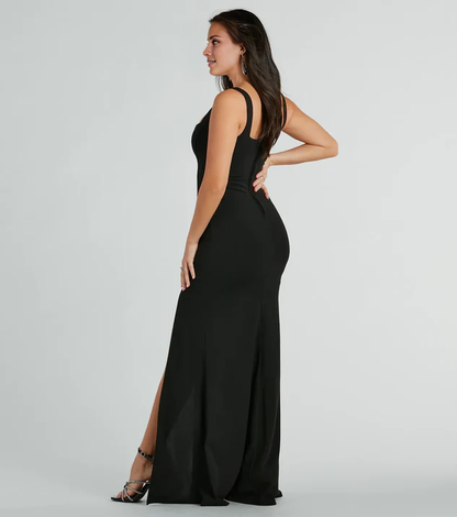 LD square neckline off shoulder sleeveless backless side slit and floor length Prom dress