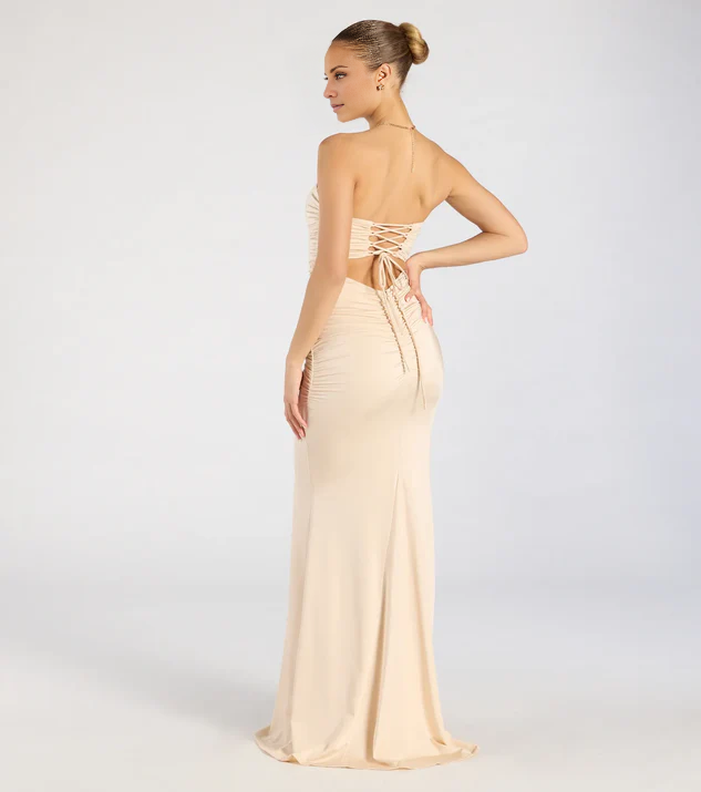 LD mermaid off shoulder collar sleeveless strapless backless and floor length evening dress