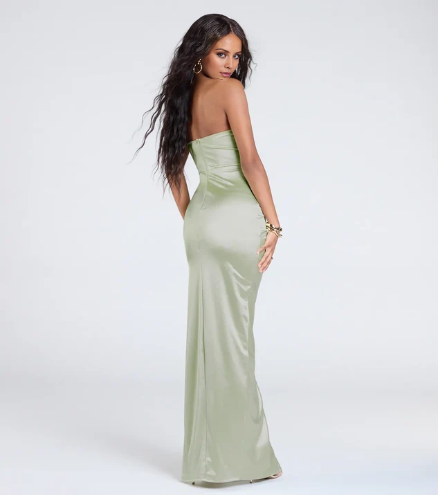 LD off shoulder collar sleeveless strapless backless side slit and floor length Prom dress