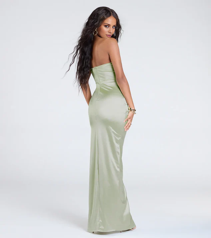 LD off shoulder collar sleeveless strapless backless side slit and floor length Prom dress