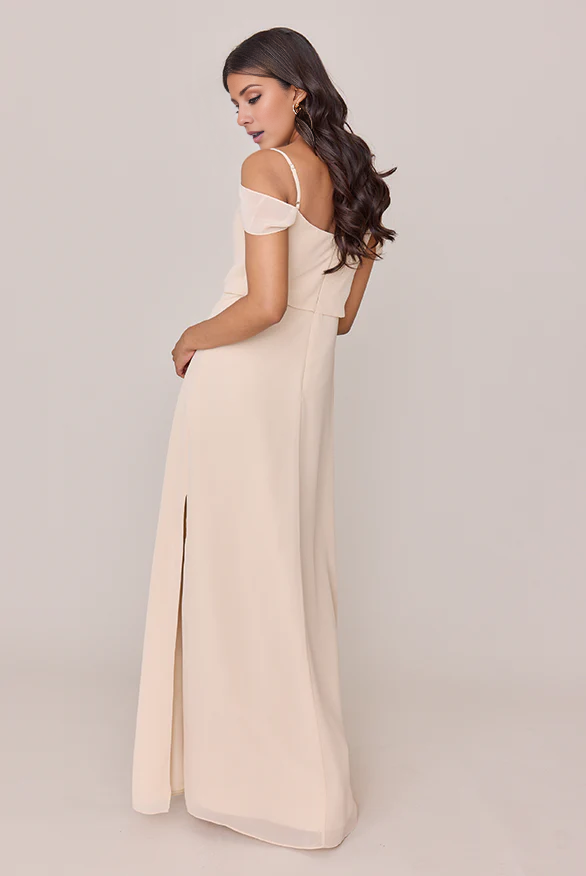 LD square neckline sleeveless thin shoulder strap backless side slit and floor length Prom dress