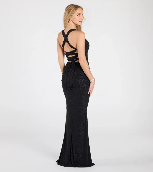 LD V-neck off shoulder sleeveless backless and floor length Prom dress