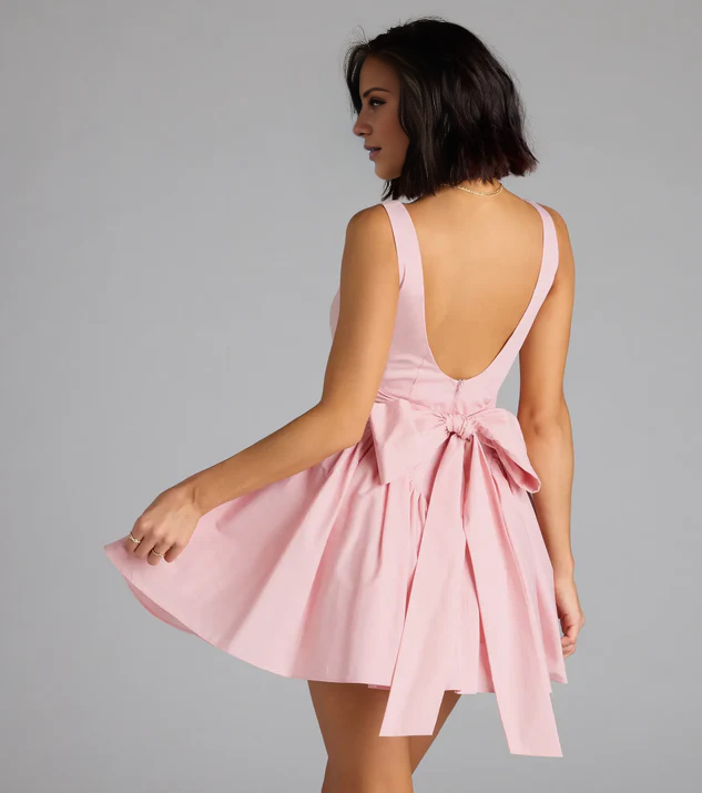 LD square neckline sleeveless backless bow short Homecoming Dresses