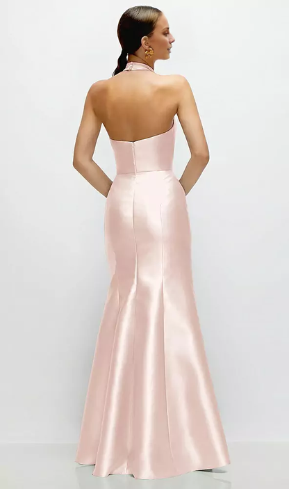 High neck spaghetti strap satin and floor length bridesmaid dress - LD Dress