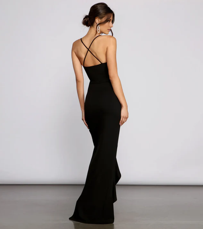 LD square neckline sleeveless strapless backless side slit and floor length evening dress