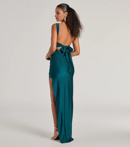 LD square neckline off shoulder sleeveless backless side slit and floor length Prom dress