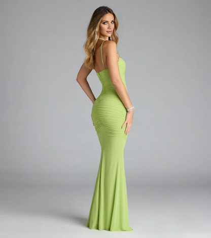 LD square neckline off shoulder sleeveless thin shoulder strap backless and floor length Prom dress