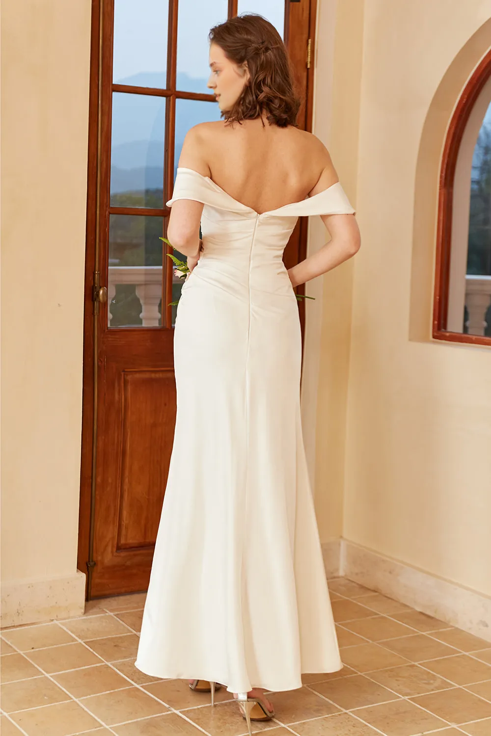 Simple off shoulder Bohemian style strapless and floor length wedding dress