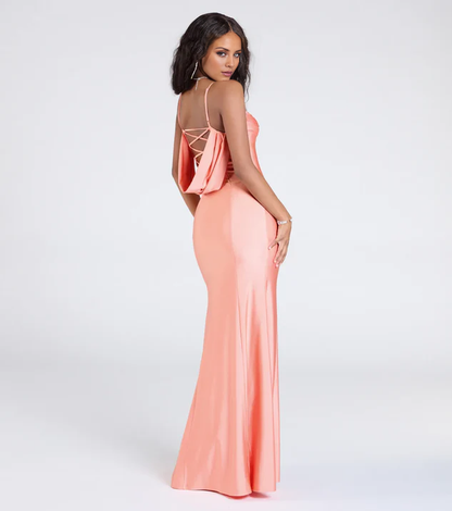 LD square neckline sleeveless thin shoulder strap tied back exposed side slit and floor length Prom dress