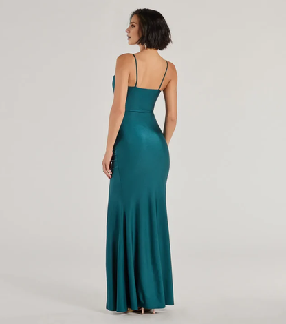 LD square neckline sleeveless thin shoulder strap backless side slit and floor length Prom dress