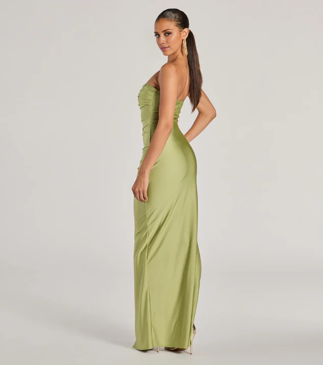 LD off shoulder collar sleeveless strapless backless side slit and floor length evening dress