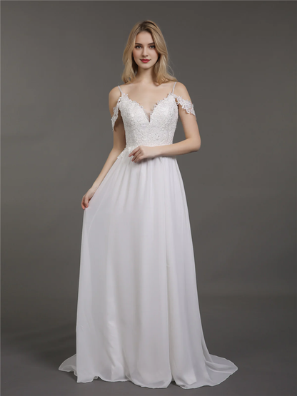 Thin shoulder chiffon minimalist wedding dress