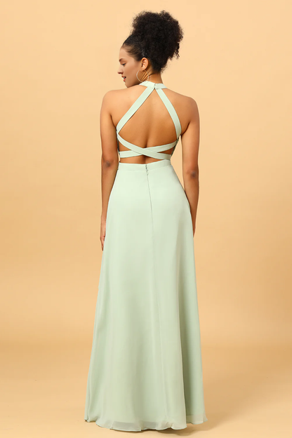 Dusty Sage long slit chiffon bridesmaid dress