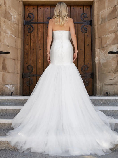 Bow decoration mesh fishtail hem satin strapless and floor length wedding dress