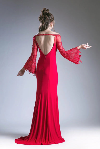 Lace flared sleeves off shoulder flared long mother of the bride dress