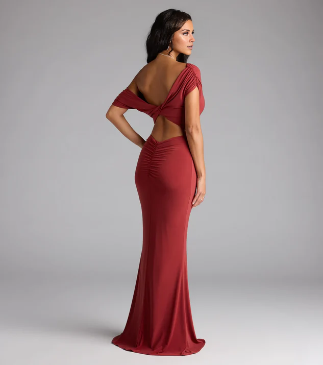 LD asymmetrical collar off shoulder sleeveless backless and floor length Prom dress