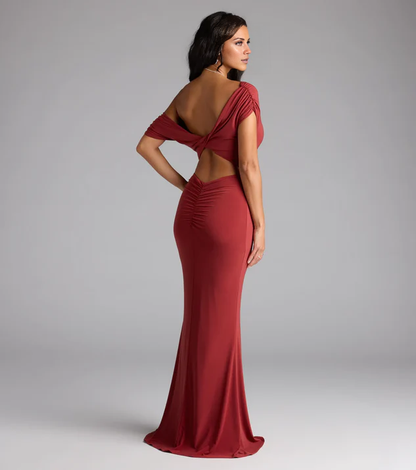 LD asymmetrical collar off shoulder sleeveless backless and floor length Prom dress