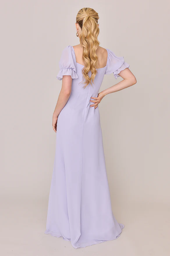 LD square neckline short sleeved backless slit and floor length Prom dress