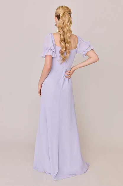 LD square neckline short sleeved backless slit and floor length Prom dress