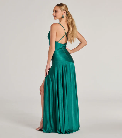 LD square neckline sleeveless thin shoulder strap backless side slit and floor length evening dress