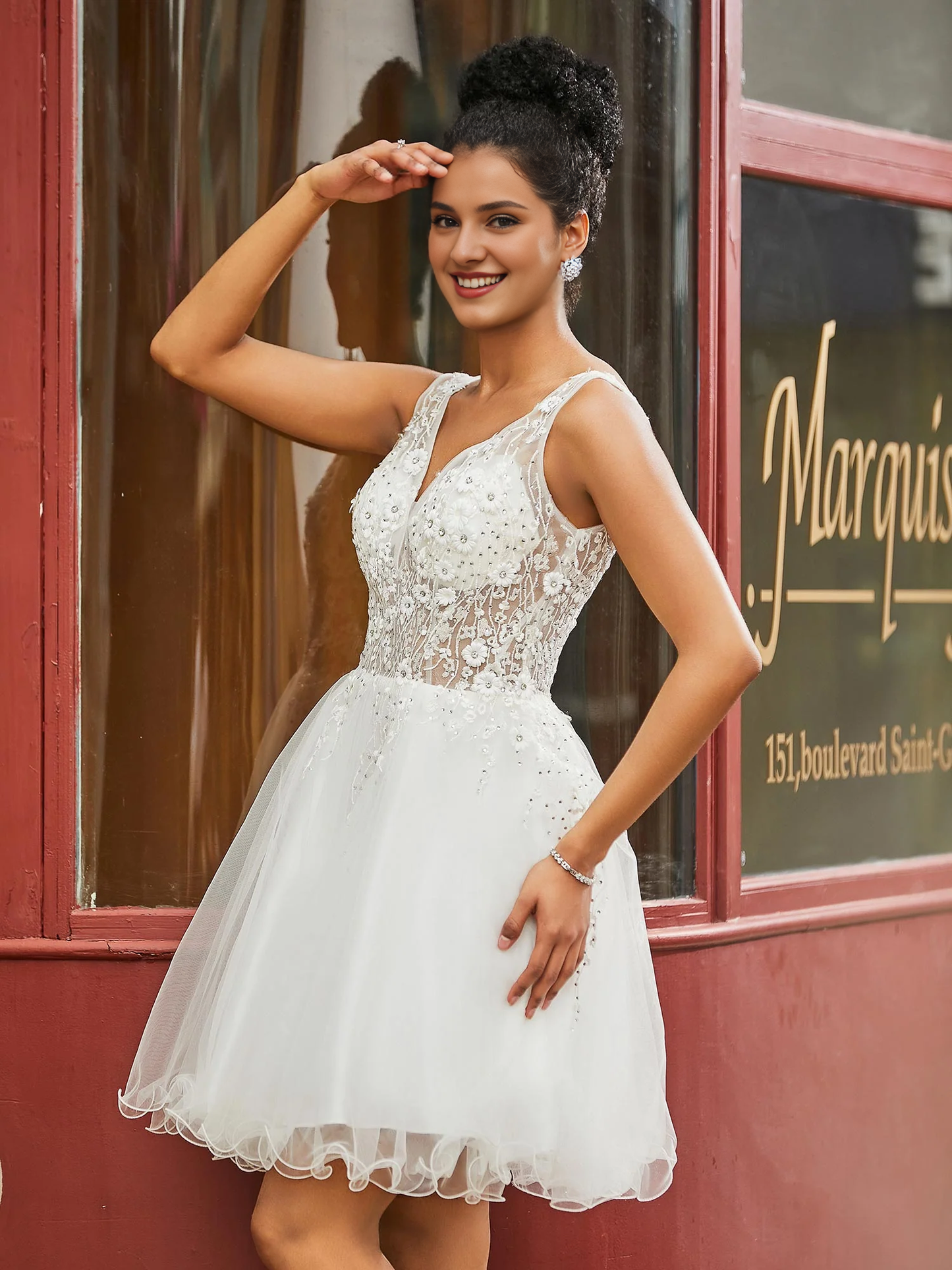 Short floral lace phantom top sheer Homecoming dress