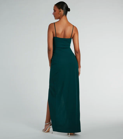 LD square neckline off shoulder sleeveless thin shoulder strap backless side slit and floor length Prom dress