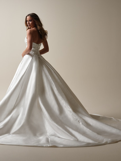 Asymmetric strapless sweetheart neck and floor length wedding dress