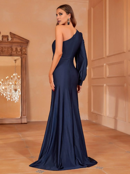 One shoulder twisted pleat front slit and floor length Prom Dress - LD Dress