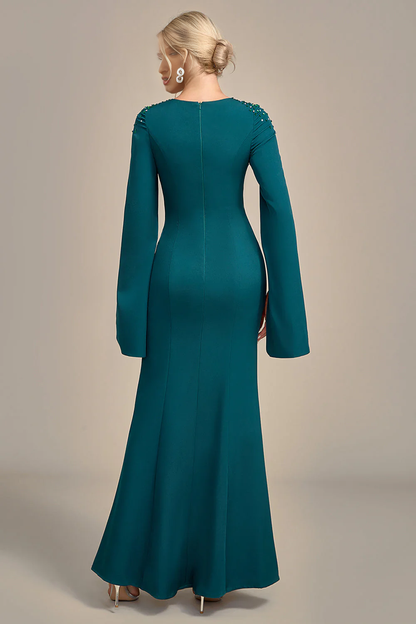 Sparkling dark green fish tail round neck long sleeved bridal mother dress