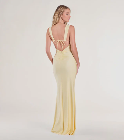 LD square neckline off shoulder sleeveless backless side slit and floor length Prom dress