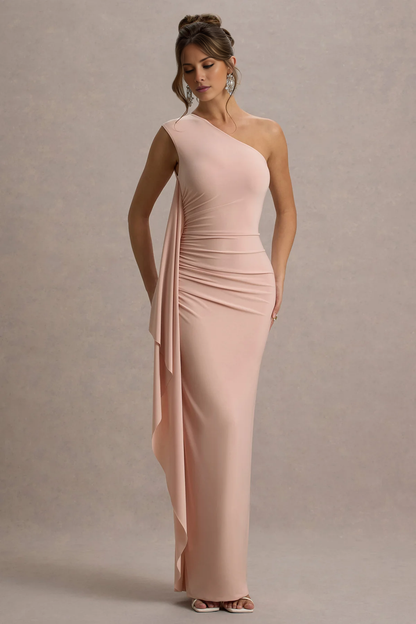 LD - Asymmetric collar single shoulder backless and floor length Prom dress