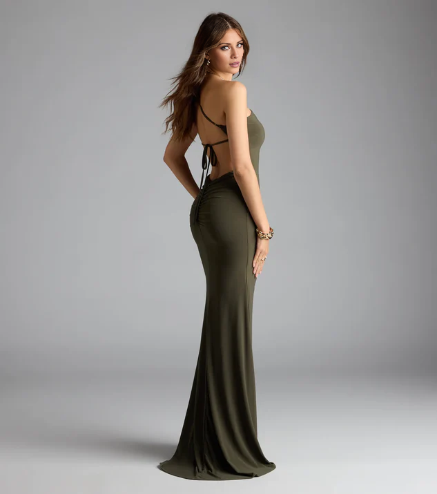 LD asymmetrical collar off shoulder sleeveless backless and floor length Prom dress